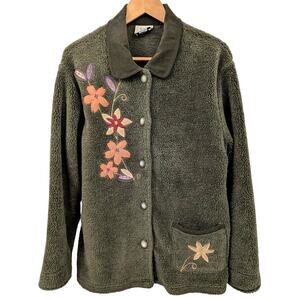 VTG L Flower Embroidered Olive Green Teddi Jacket Cottagecore Forestcore Goblin